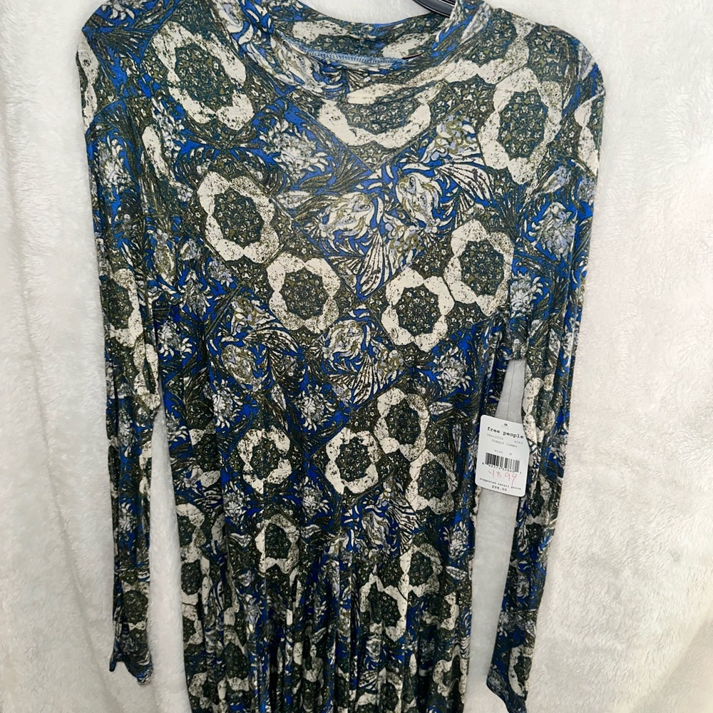 Free People Blue and Green Patterned Long Sleeve Dress - Picture 6 of 11